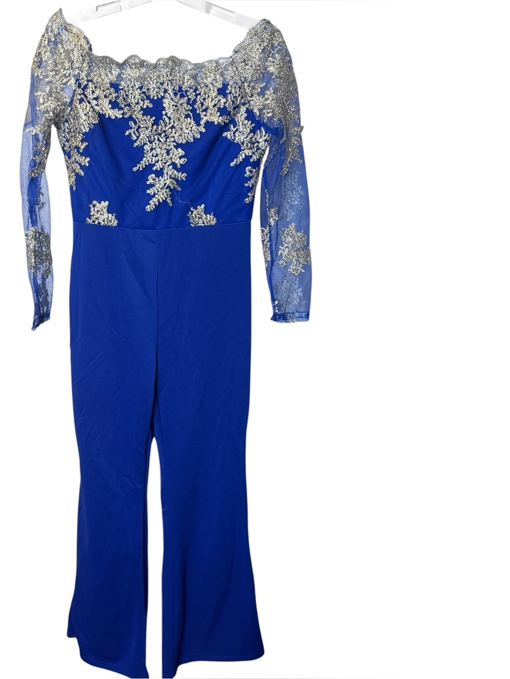 Royal Blue gold trim flare jumpsuit stretchy maximalist women’s XL